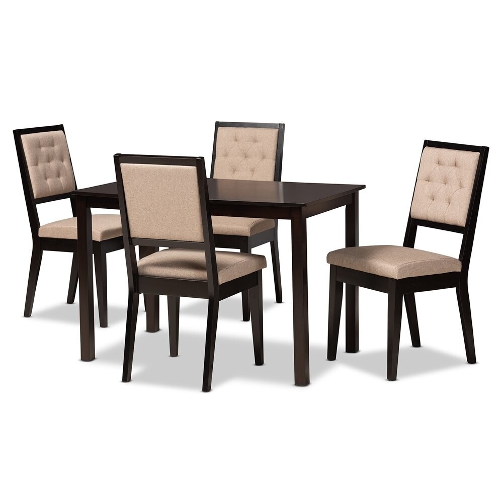 BAXTON STUDIO SUVI MODERN AND CONTEMPORARY SAND FABRIC UPHOLSTERED AND DARK BROWN FINISHED WOOD 5-PIECE DINING SET