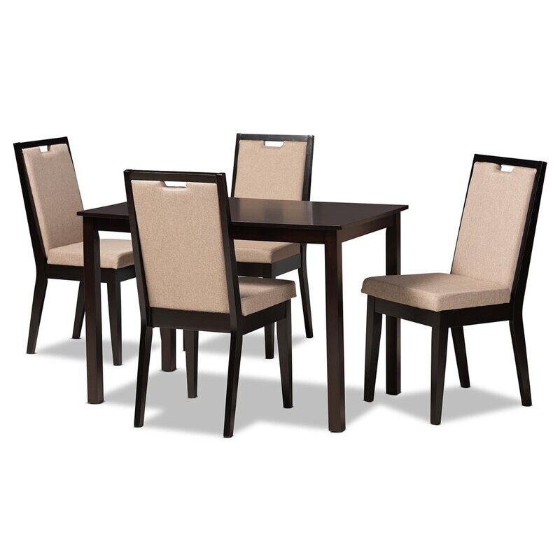 BAXTON STUDIO ROSA MODERN AND CONTEMPORARY SAND FABRIC UPHOLSTERED AND DARK BROWN FINISHED WOOD 5-PIECE DINING SET