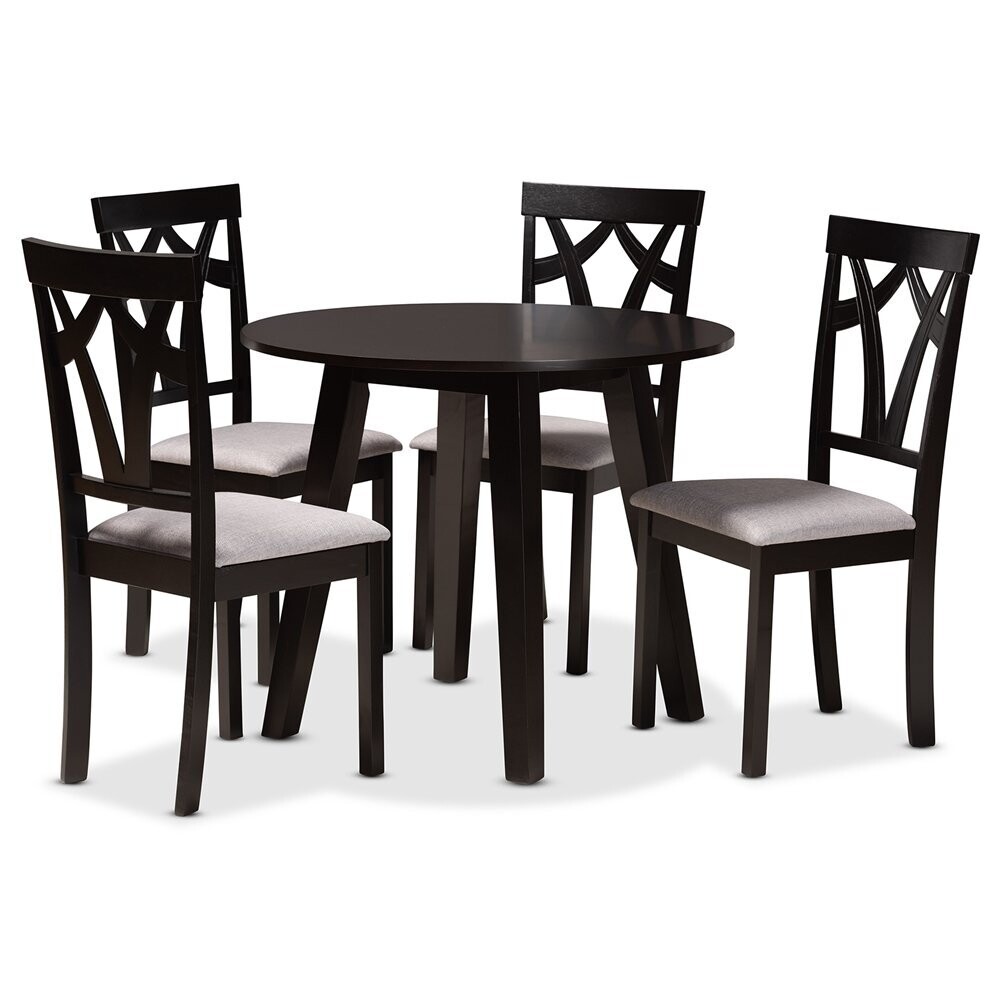 BAXTON STUDIO DERYA MODERN TRANSITIONAL GREY FABRIC UPHOLSTERED AND DARK BROWN FINISHED WOOD 5-PIECE DINING SET