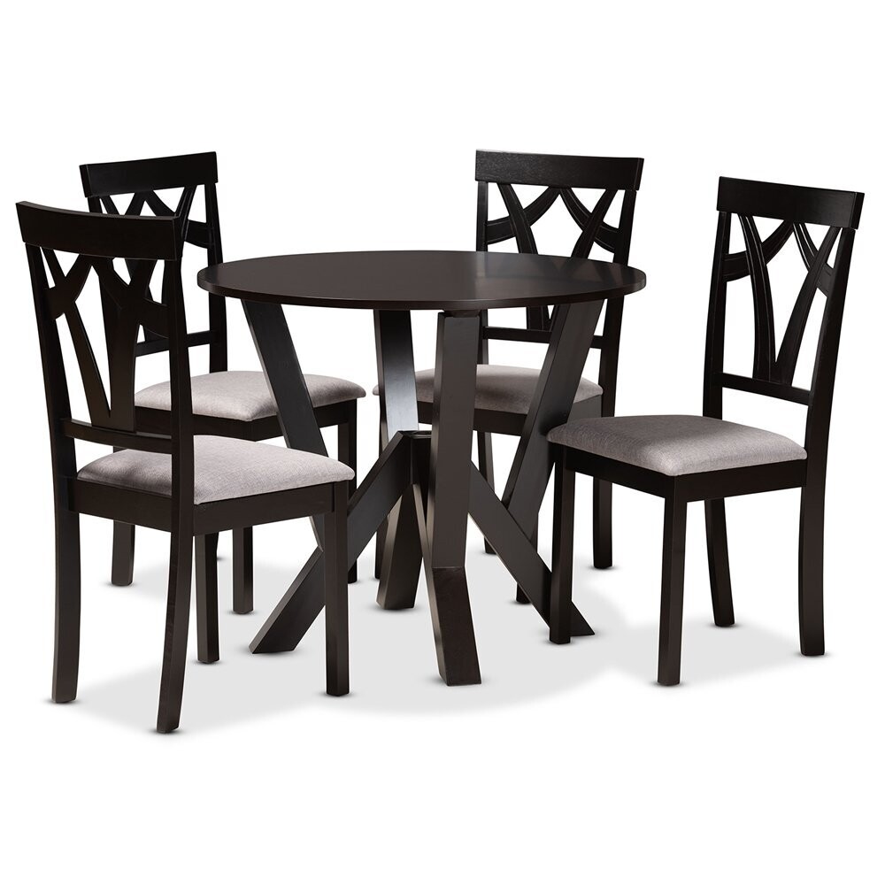 BAXTON STUDIO BRANCA MODERN AND CONTEMPORARY GREY FABRIC UPHOLSTERED AND DARK BROWN FINISHED WOOD 5-PIECE DINING SET