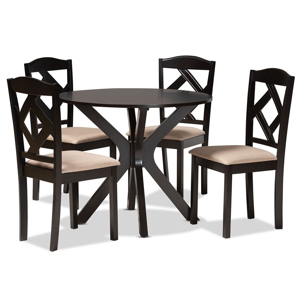 BAXTON STUDIO CARLIN SAND FABRIC UPHOLSTERED AND DARK BROWN FINISHED WOOD 5-PIECE DINING SET