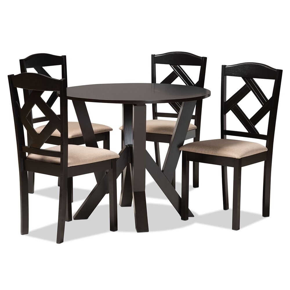BAXTON STUDIO RIONA SAND FABRIC UPHOLSTERED AND DARK BROWN FINISHED WOOD 5-PIECE DINING SET