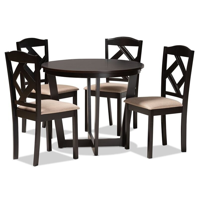 BAXTON STUDIO MORIGAN SAND FABRIC UPHOLSTERED AND DARK BROWN FINISHED WOOD 5-PIECE DINING SET