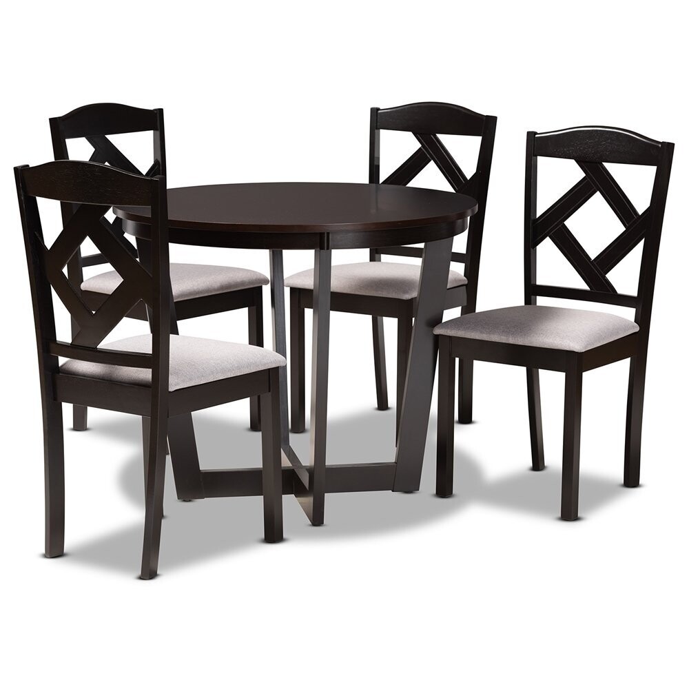 BAXTON STUDIO MORIGAN MODERN TRANSITIONAL GREY FABRIC UPHOLSTERED AND DARK BROWN FINISHED WOOD 5-PIECE DINING SET