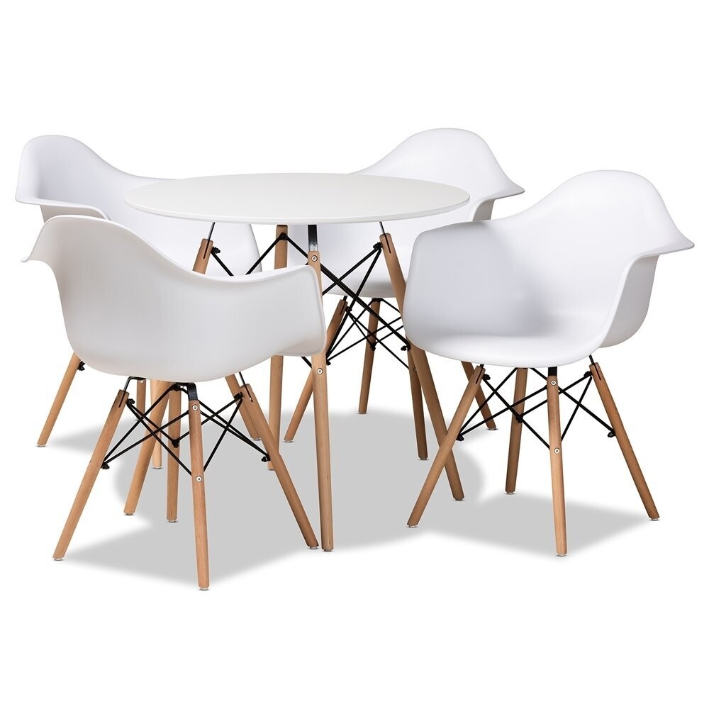 BAXTON STUDIO GALEN MODERN AND CONTEMPORARY WHITE FINISHED POLYPROPYLENE PLASTIC AND OAK BROWN FINISHED WOOD 5-PIECE DINING SET