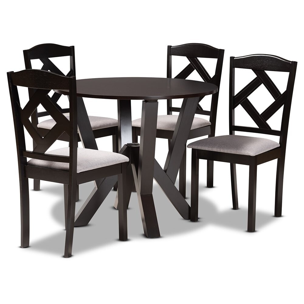 BAXTON STUDIO RIONA MODERN TRANSITIONAL GREY FABRIC UPHOLSTERED AND DARK BROWN FINISHED WOOD 5-PIECE DINING SET