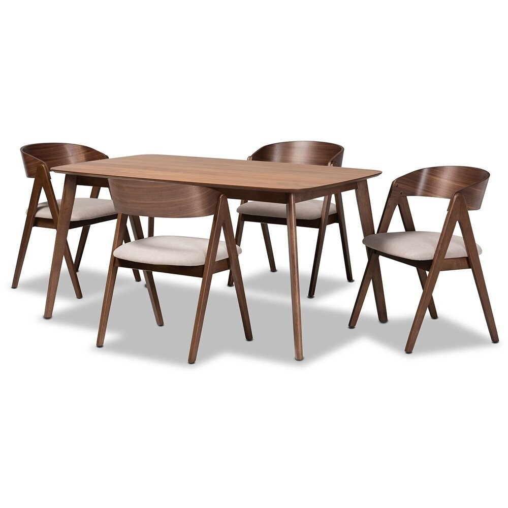 BAXTON STUDIO DANTON MID-CENTURY MODERN BEIGE FABRIC UPHOLSTERED AND WALNUT BROWN FINISHED WOOD 5-PIECE DINING SET