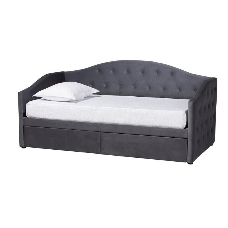 BAXTON STUDIO MANSI MODERN AND CONTEMPORARY GREY VELVET FABRIC UPHOLSTERED TWIN SIZE 2-DRAWER DAYBED