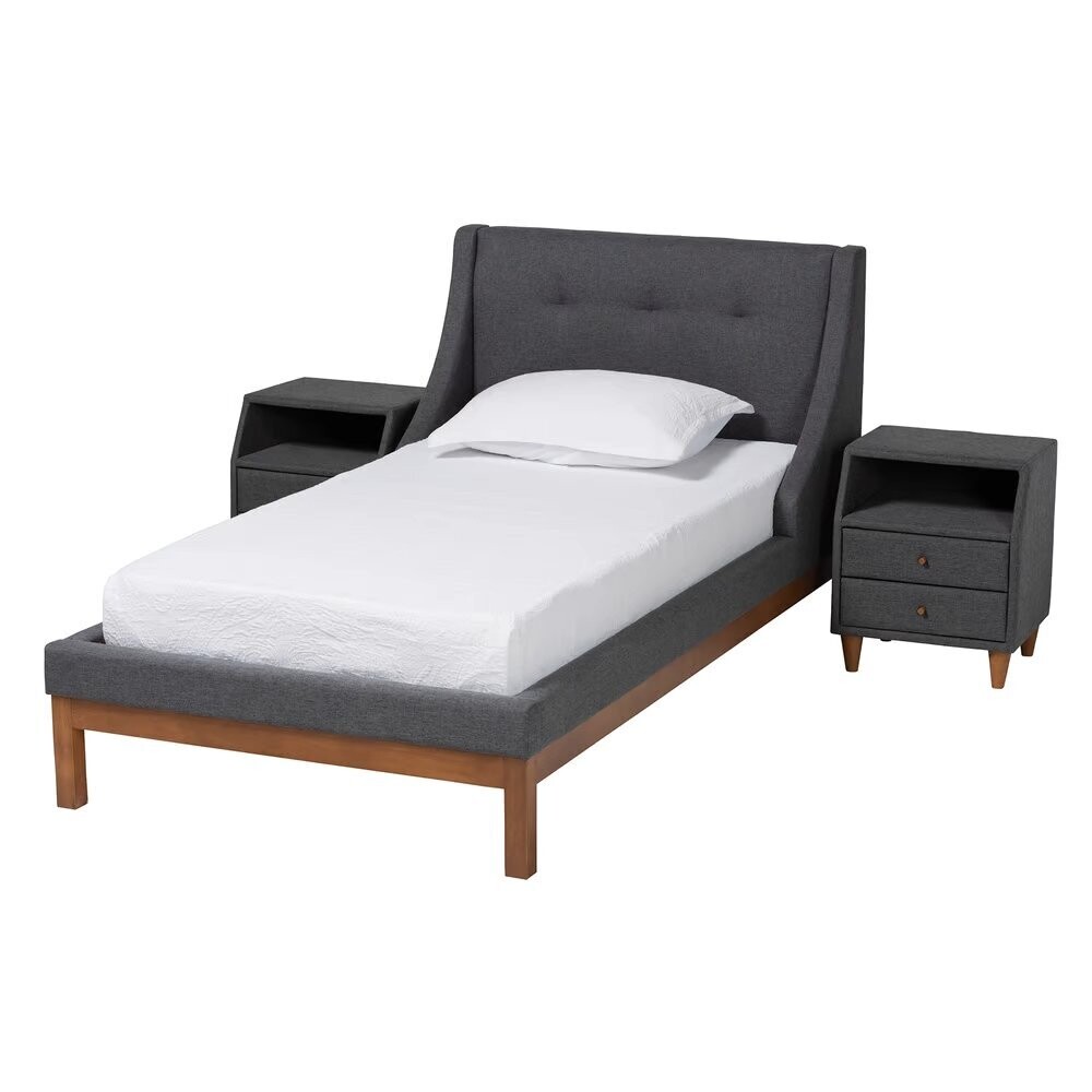 BAXTON STUDIO LOUVAIN MID-CENTURY MODERN TRANSITIONAL DARK GREY FABRIC UPHOLSTERED TWIN SIZE 3-PIECE BEDROOM SET