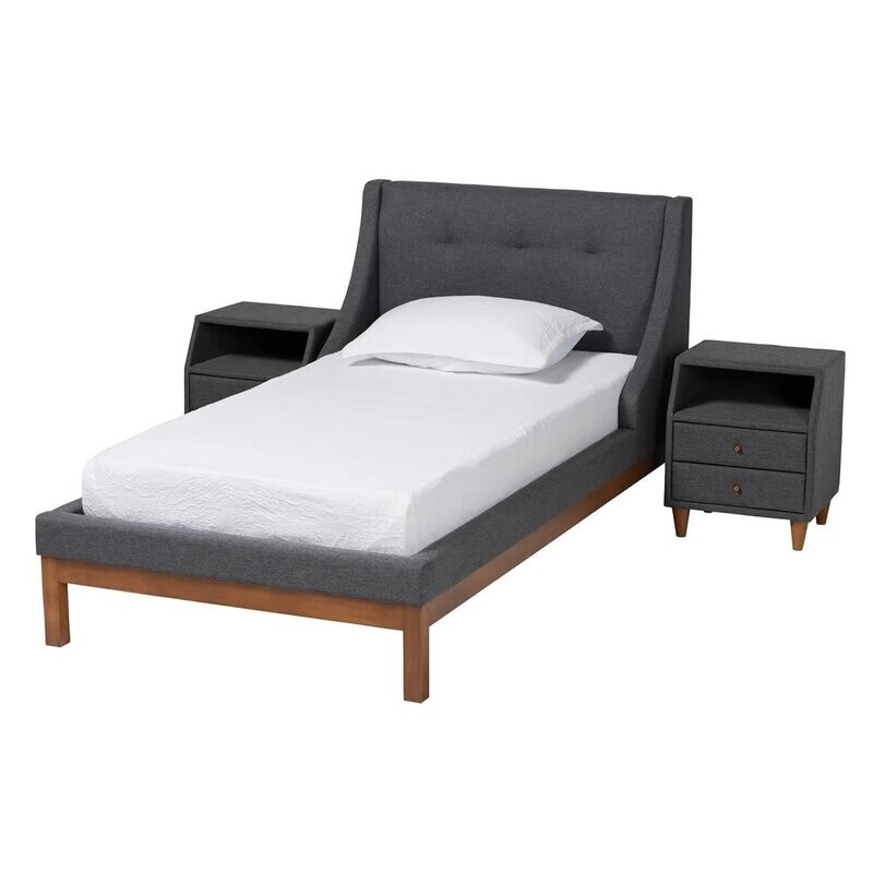 BAXTON STUDIO LOUVAIN MID-CENTURY MODERN TRANSITIONAL DARK GREY FABRIC UPHOLSTERED TWIN SIZE 3-PIECE BEDROOM SET
