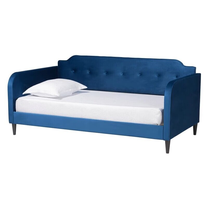 BAXTON STUDIO KAYA MODERN AND CONTEMPORARY NAVY BLUE VELVET FABRIC AND DARK BROWN FINISHED WOOD TWIN SIZE DAYBED