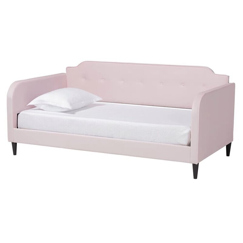 BAXTON STUDIO KAYA MODERN AND CONTEMPORARY LIGHT PINK VELVET FABRIC AND DARK BROWN FINISHED WOOD TWIN SIZE DAYBED