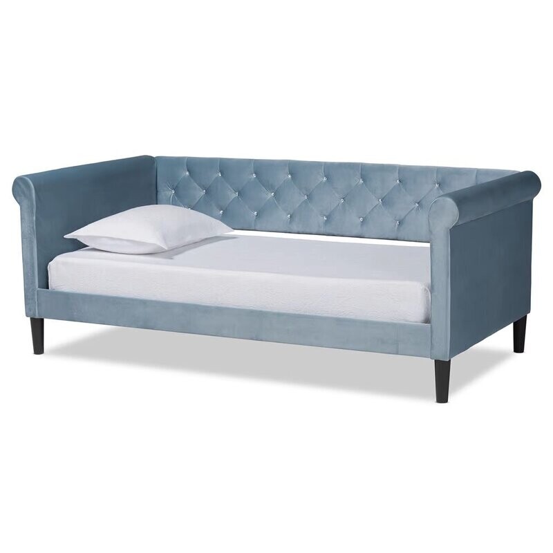 BAXTON STUDIO CORA MODERN AND CONTEMPORARY LIGHT BLUE VELVET FABRIC UPHOLSTERED AND DARK BROWN FINISHED WOOD TWIN SIZE DAYBED