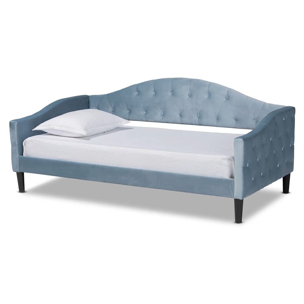 BAXTON STUDIO BENJAMIN MODERN AND CONTEMPORARY LIGHT BLUE VELVET FABRIC UPHOLSTERED AND DARK BROWN FINISHED WOOD TWIN SIZE DAYBED