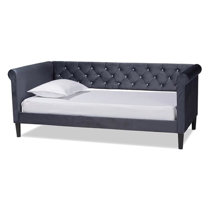 BAXTON STUDIO CORA MODERN AND CONTEMPORARY GREY VELVET FABRIC UPHOLSTERED AND DARK BROWN FINISHED WOOD TWIN SIZE DAYBED