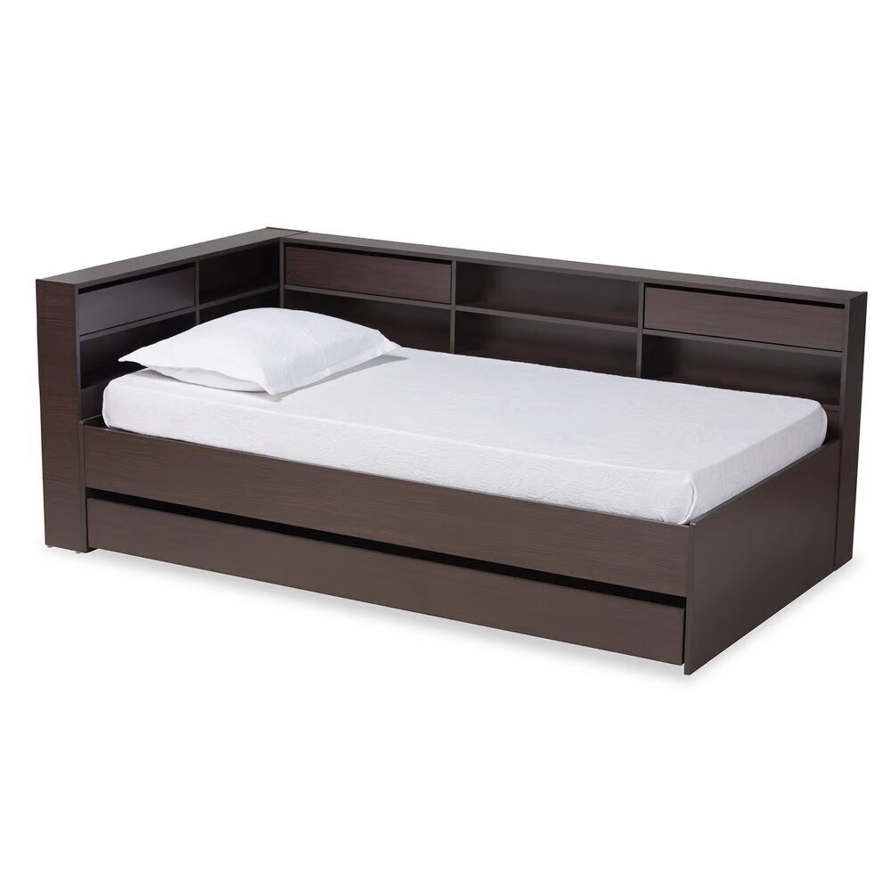 BAXTON STUDIO FARADAY MODERN AND CONTEMPORARY DARK BROWN FINISHED WOOD TWIN SIZE PLATFORM STORAGE CORNER BED