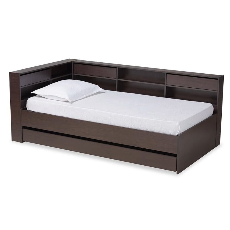 BAXTON STUDIO FARADAY MODERN AND CONTEMPORARY DARK BROWN FINISHED WOOD TWIN SIZE PLATFORM STORAGE CORNER BED