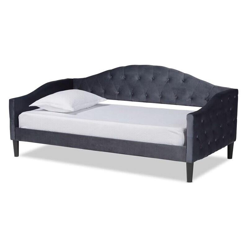 BAXTON STUDIO BENJAMIN MODERN AND CONTEMPORARY GREY VELVET FABRIC UPHOLSTERED AND DARK BROWN FINISHED WOOD TWIN SIZE DAYBED