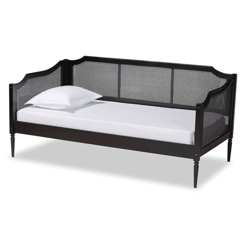 BAXTON STUDIO HANCOCK MID-CENTURY MODERN CHARCOAL FINISHED WOOD AND SYNTHETIC RATTAN TWIN SIZE DAYBED