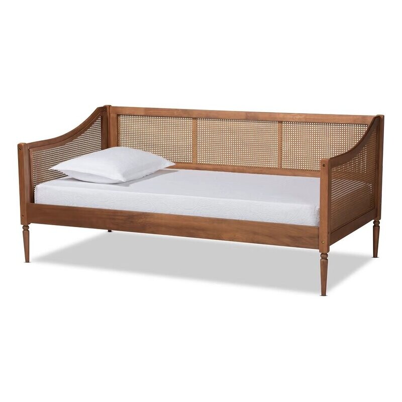 BAXTON STUDIO OGDEN MID-CENTURY MODERN WALNUT BROWN FINISHED WOOD AND SYNTHETIC RATTAN TWIN SIZE DAYBED