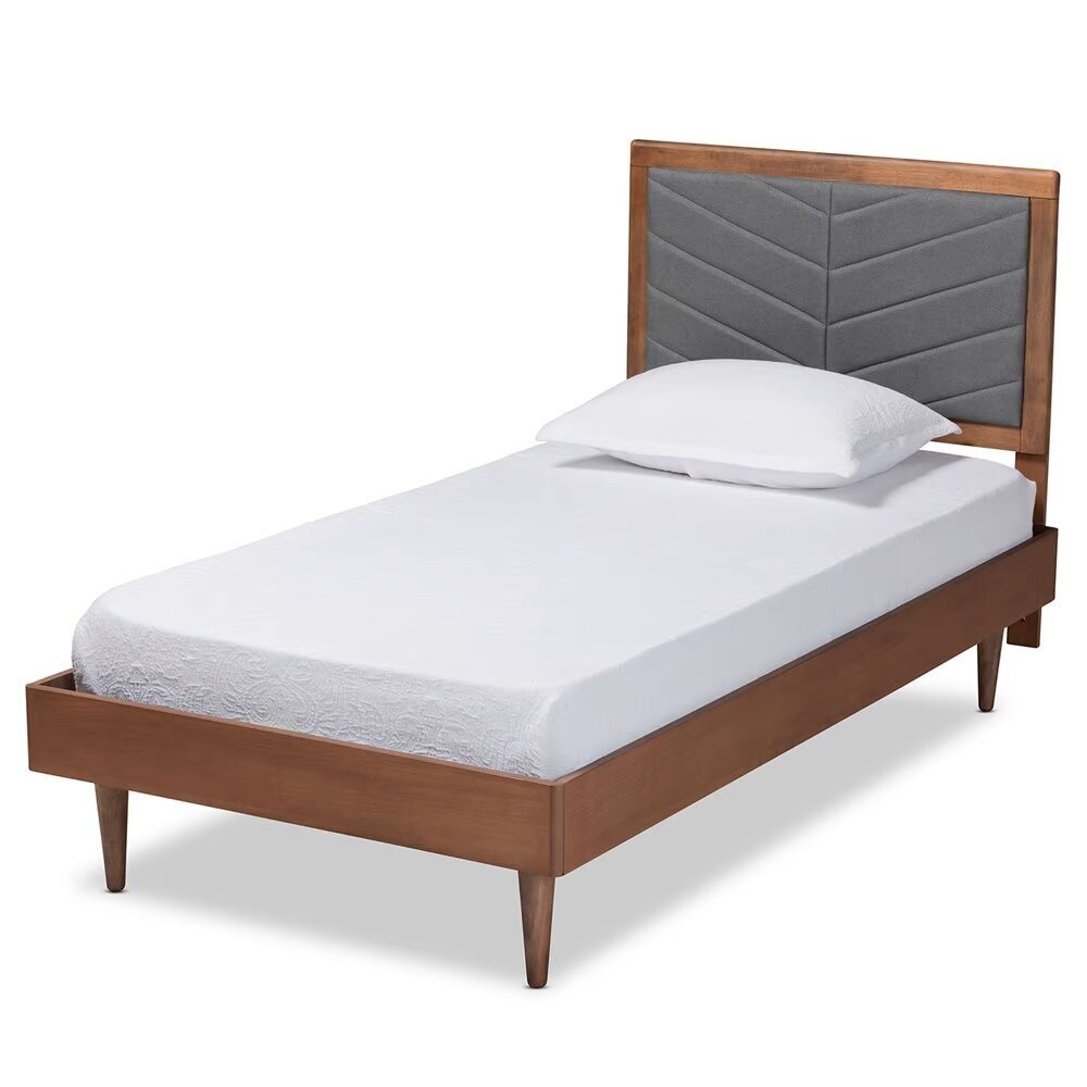 BAXTON STUDIO TASHA MID-CENTURY MODERN DARK GREY FABRIC UPHOLSTERED AND WALNUT BROWN FINISHED WOOD TWIN SIZE PLATFORM BED