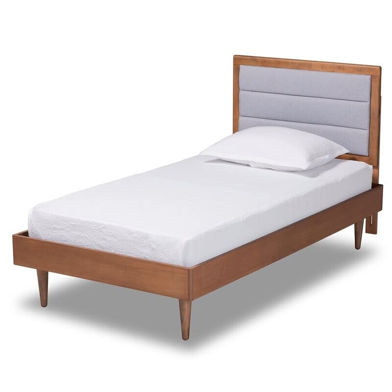 BAXTON STUDIO SEREN MID-CENTURY MODERN LIGHT GREY FABRIC UPHOLSTERED AND WALNUT BROWN FINISHED WOOD TWIN SIZE PLATFORM BED