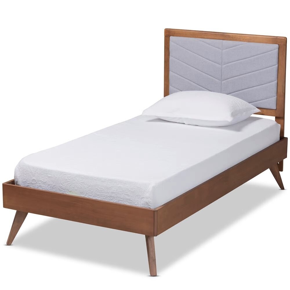 BAXTON STUDIO ROZE MID-CENTURY MODERN LIGHT GREY FABRIC UPHOLSTERED AND WALNUT BROWN FINISHED WOOD TWIN SIZE PLATFORM BED