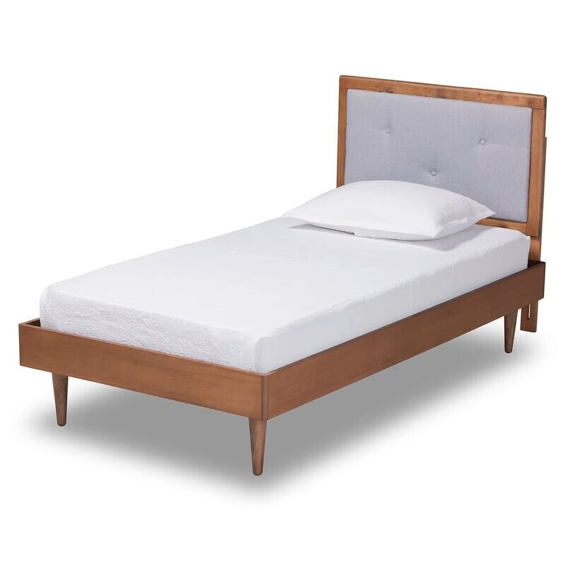 BAXTON STUDIO SAUL MID-CENTURY MODERN LIGHT GREY FABRIC UPHOLSTERED AND WALNUT BROWN FINISHED WOOD TWIN SIZE PLATFORM BED