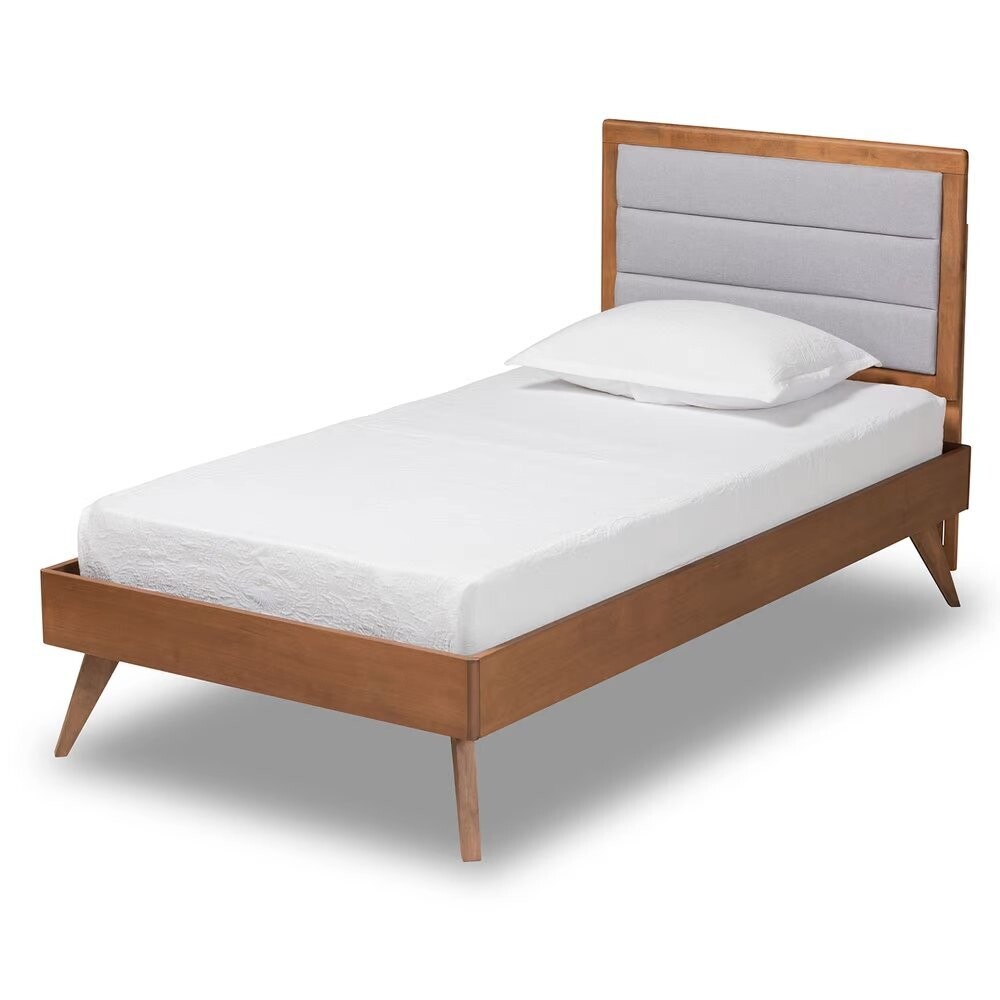 BAXTON STUDIO LINN MID-CENTURY MODERN LIGHT GREY FABRIC UPHOLSTERED AND WALNUT BROWN FINISHED WOOD TWIN SIZE PLATFORM BED