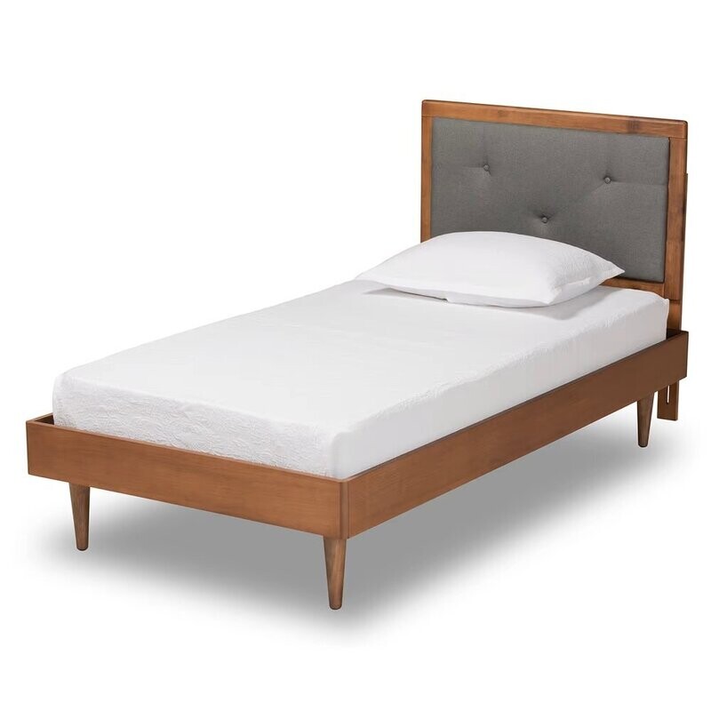 BAXTON STUDIO SAUL MID-CENTURY MODERN DARK GREY FABRIC UPHOLSTERED AND WALNUT BROWN FINISHED WOOD TWIN SIZE PLATFORM BED