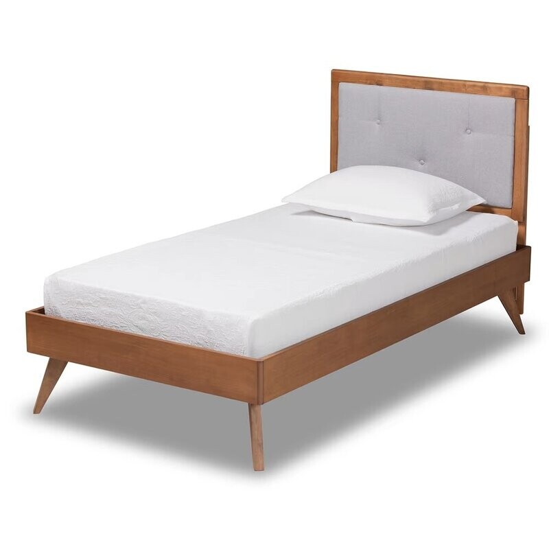 BAXTON STUDIO LAIMA MID-CENTURY MODERN LIGHT GREY FABRIC UPHOLSTERED AND WALNUT BROWN FINISHED WOOD TWIN SIZE PLATFORM BED