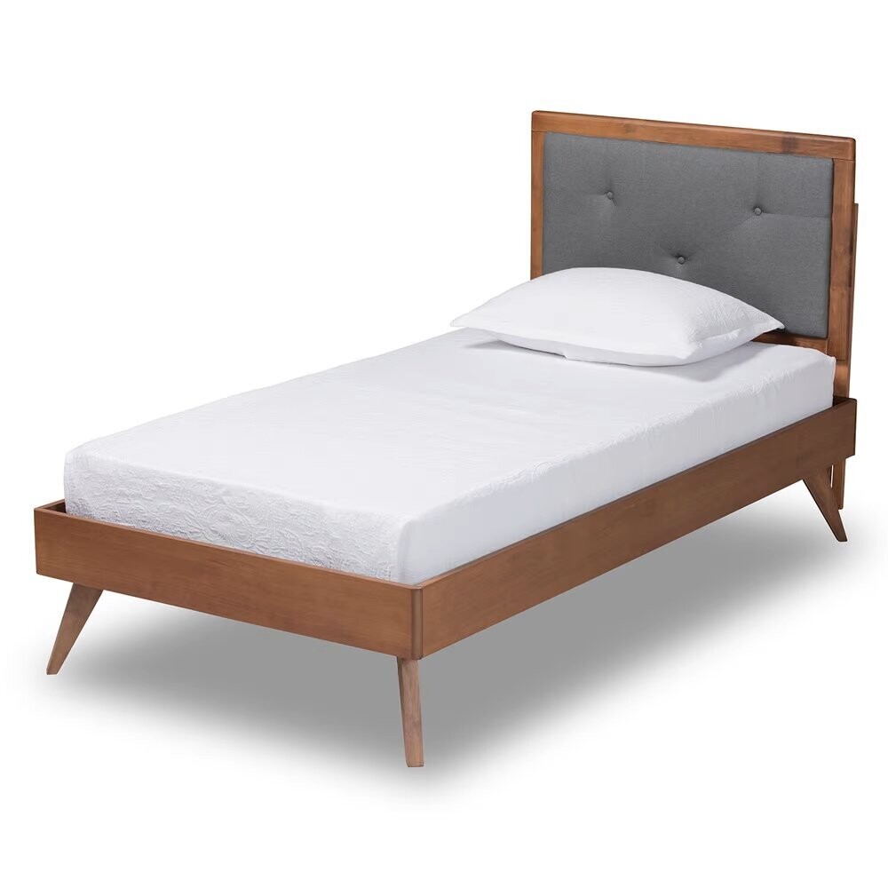 BAXTON STUDIO LAIMA MID-CENTURY MODERN DARK GREY FABRIC UPHOLSTERED AND WALNUT BROWN FINISHED WOOD TWIN SIZE PLATFORM BED