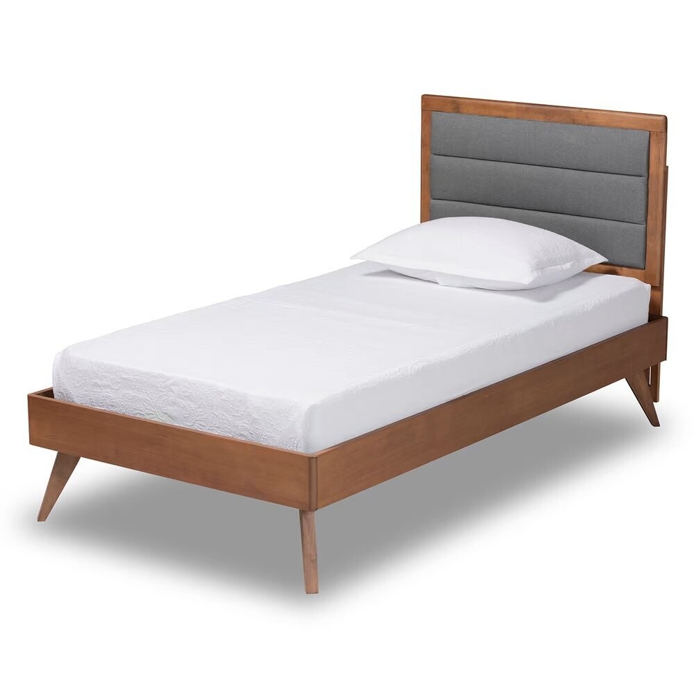 BAXTON STUDIO LINN MID-CENTURY MODERN DARK GREY FABRIC UPHOLSTERED AND WALNUT BROWN FINISHED WOOD TWIN SIZE PLATFORM BED