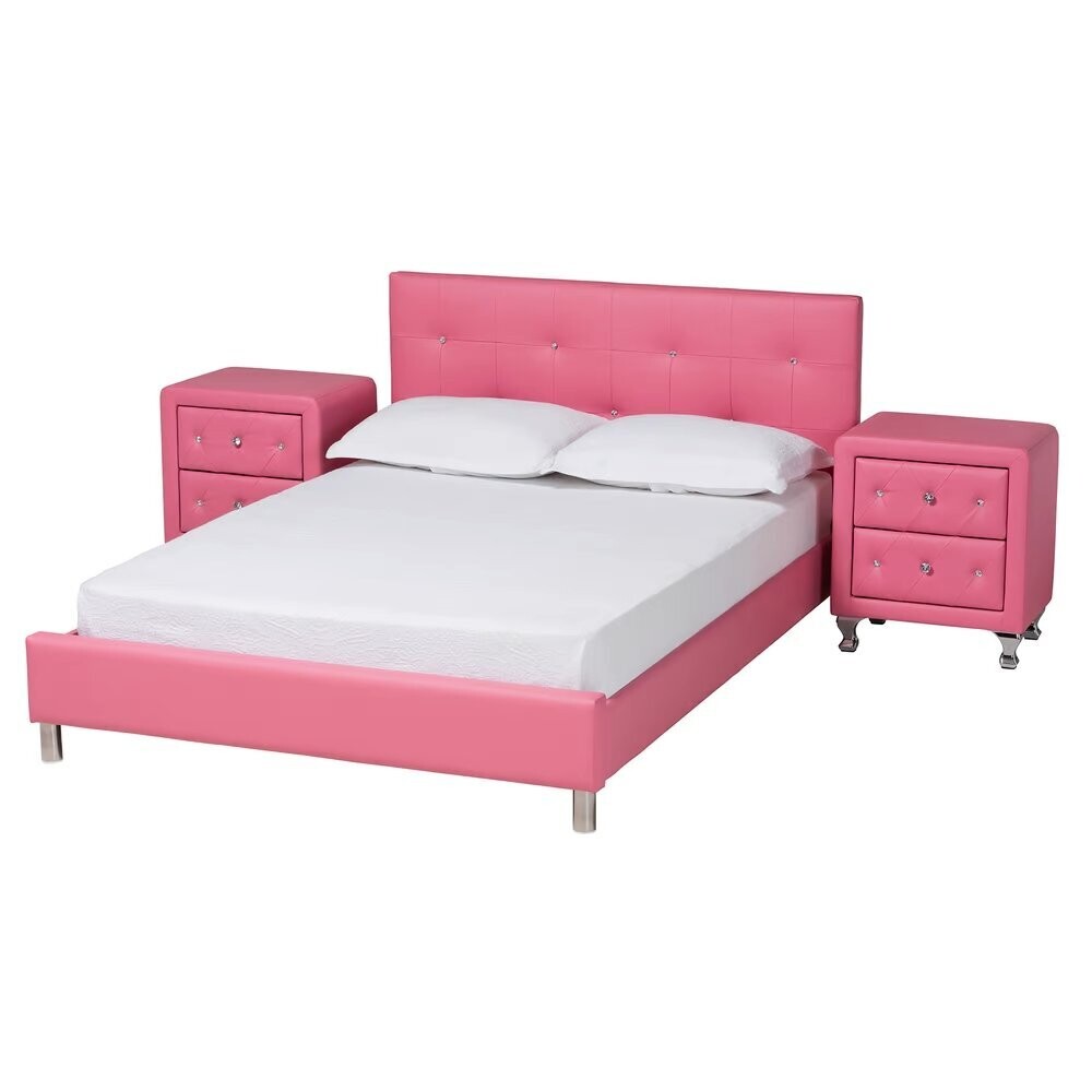 BAXTON STUDIO BARBARA CONTEMPORARY GLAM PINK FAUX LEATHER UPHOLSTERED QUEEN SIZE 3-PIECE BEDROOM SET