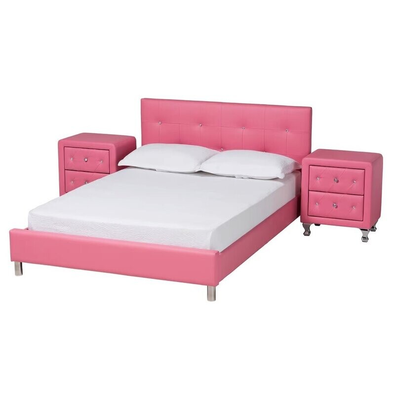 BAXTON STUDIO BARBARA CONTEMPORARY GLAM PINK FAUX LEATHER UPHOLSTERED QUEEN SIZE 3-PIECE BEDROOM SET