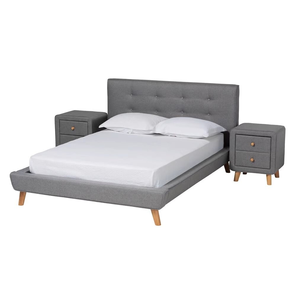 BAXTON STUDIO JONESY MID-CENTURY MODERN TRANSITIONAL GREY FABRIC UPHOLSTERED FULL SIZE 3-PIECE BEDROOM SET