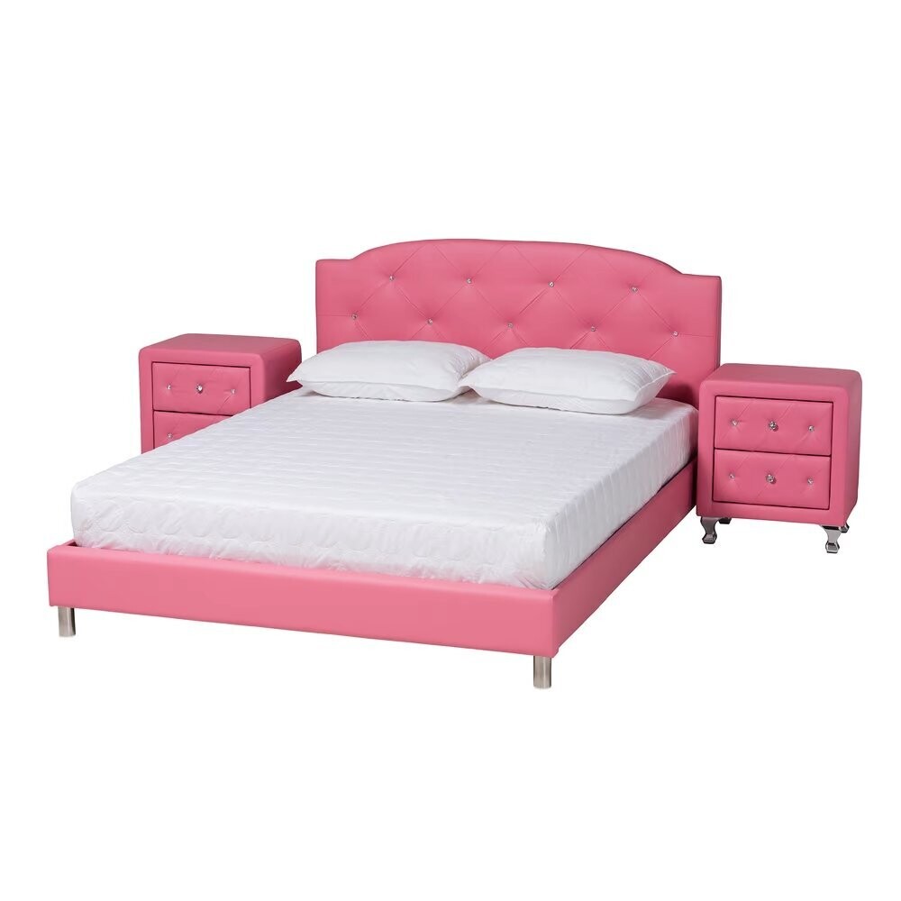 BAXTON STUDIO CANTERBURY CONTEMPORARY GLAM PINK FAUX LEATHER UPHOLSTERED FULL SIZE 3-PIECE BEDROOM SET
