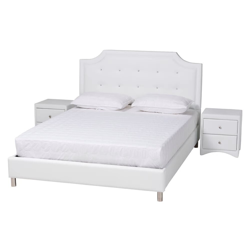BAXTON STUDIO CARLOTTA CONTEMPORARY GLAM WHITE FAUX LEATHER UPHOLSTERED FULL SIZE 3-PIECE BEDROOM SET