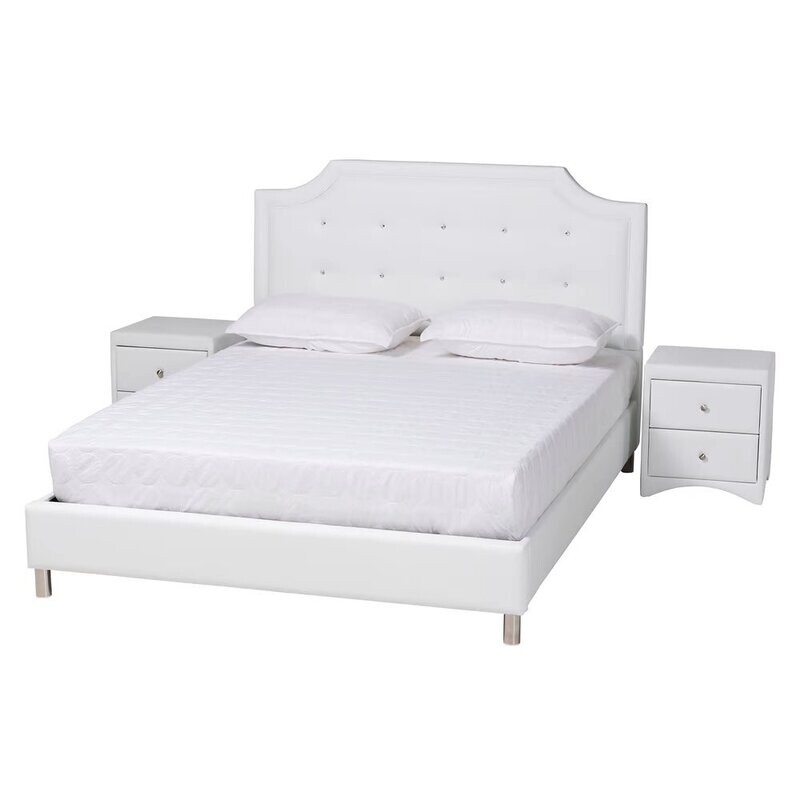 BAXTON STUDIO CARLOTTA CONTEMPORARY GLAM WHITE FAUX LEATHER UPHOLSTERED FULL SIZE 3-PIECE BEDROOM SET
