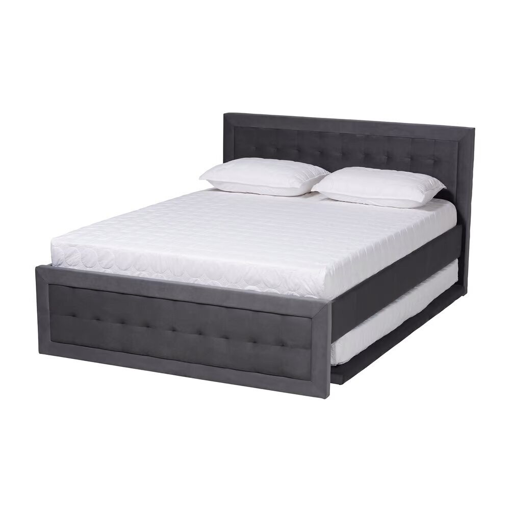 BAXTON STUDIO TEGAN MODERN AND CONTEMPORARY GREY VELVET FABRIC UPHOLSTERED FULL SIZE PLATFORM BED WITH TRUNDLE