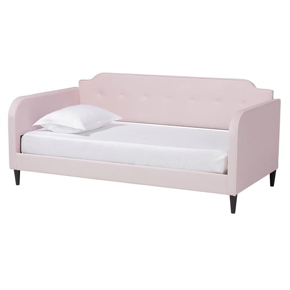 BAXTON STUDIO KAYA MODERN AND CONTEMPORARY LIGHT PINK VELVET FABRIC AND DARK BROWN FINISHED WOOD FULL SIZE DAYBED