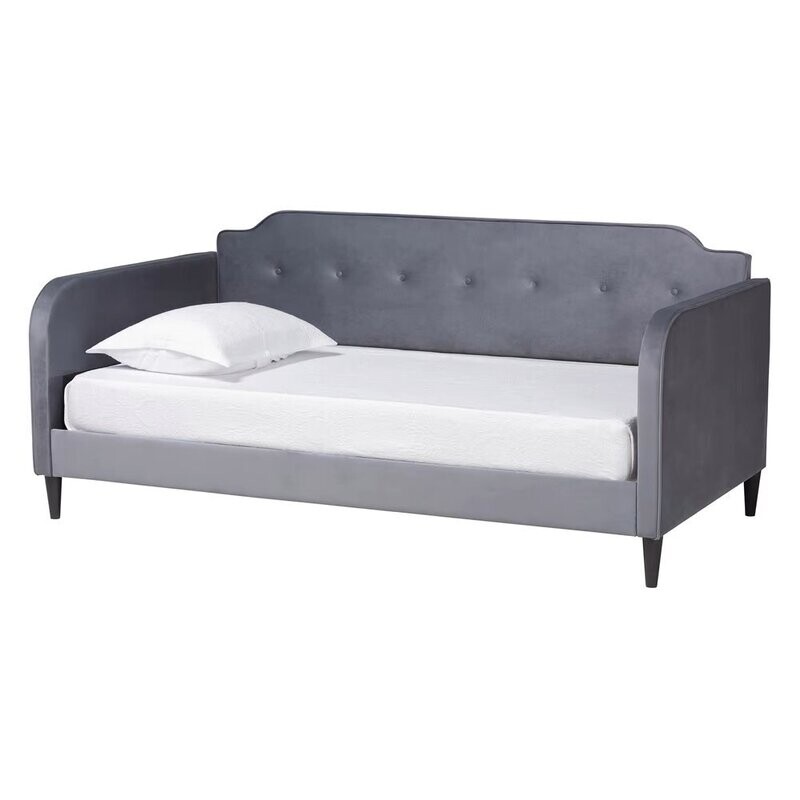 BAXTON STUDIO KAYA MODERN AND CONTEMPORARY GREY VELVET FABRIC AND DARK BROWN FINISHED WOOD FULL SIZE DAYBED