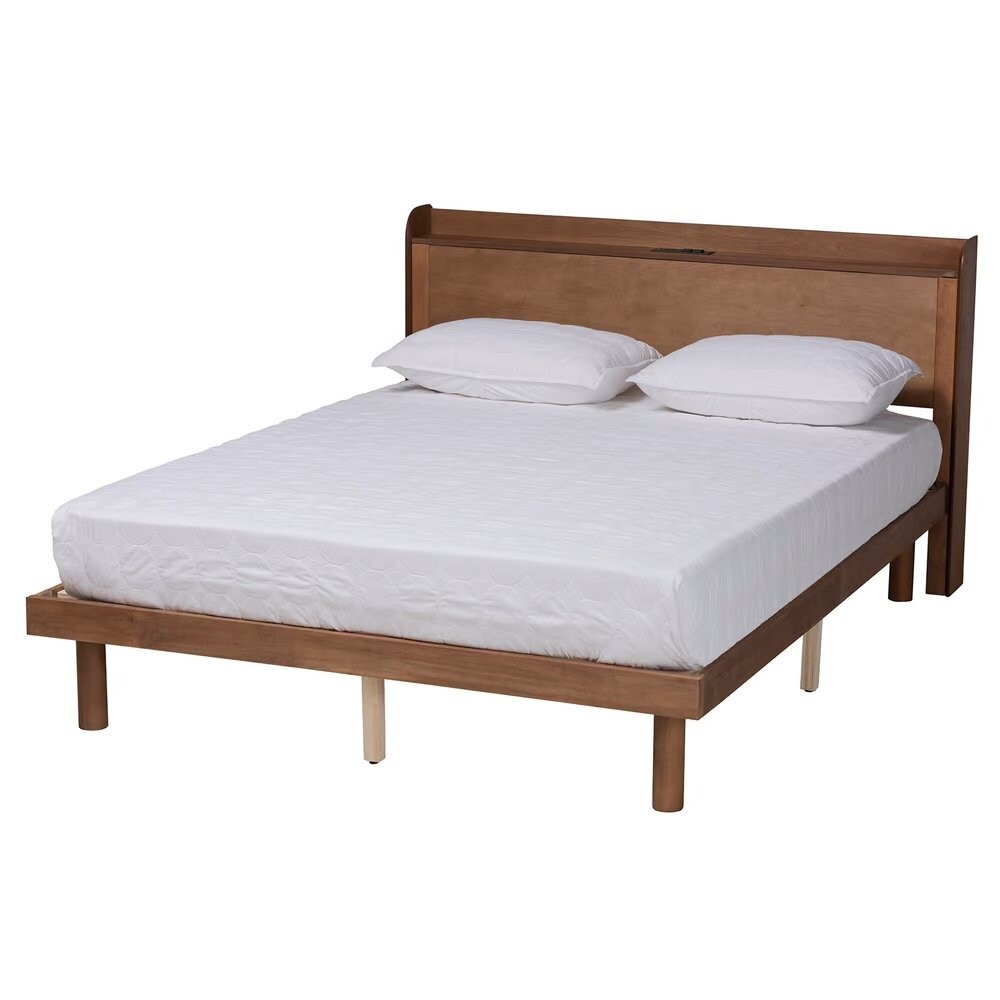 BAXTON STUDIO DECKER MID-CENTURY MODERN TRANSITIONAL WALNUT BROWN FINISHED WOOD FULL SIZE PLATFORM BED WITH CHARGING STATION