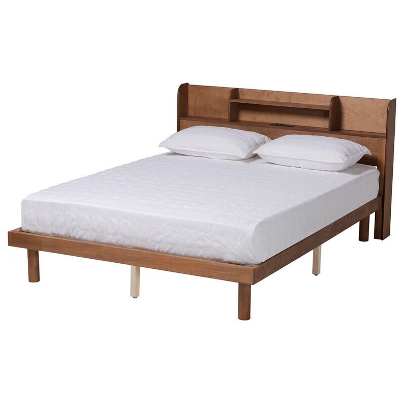 BAXTON STUDIO HARPER MID-CENTURY MODERN TRANSITIONAL WALNUT BROWN FINISHED WOOD FULL SIZE PLATFORM BED WITH CHARGING STATION