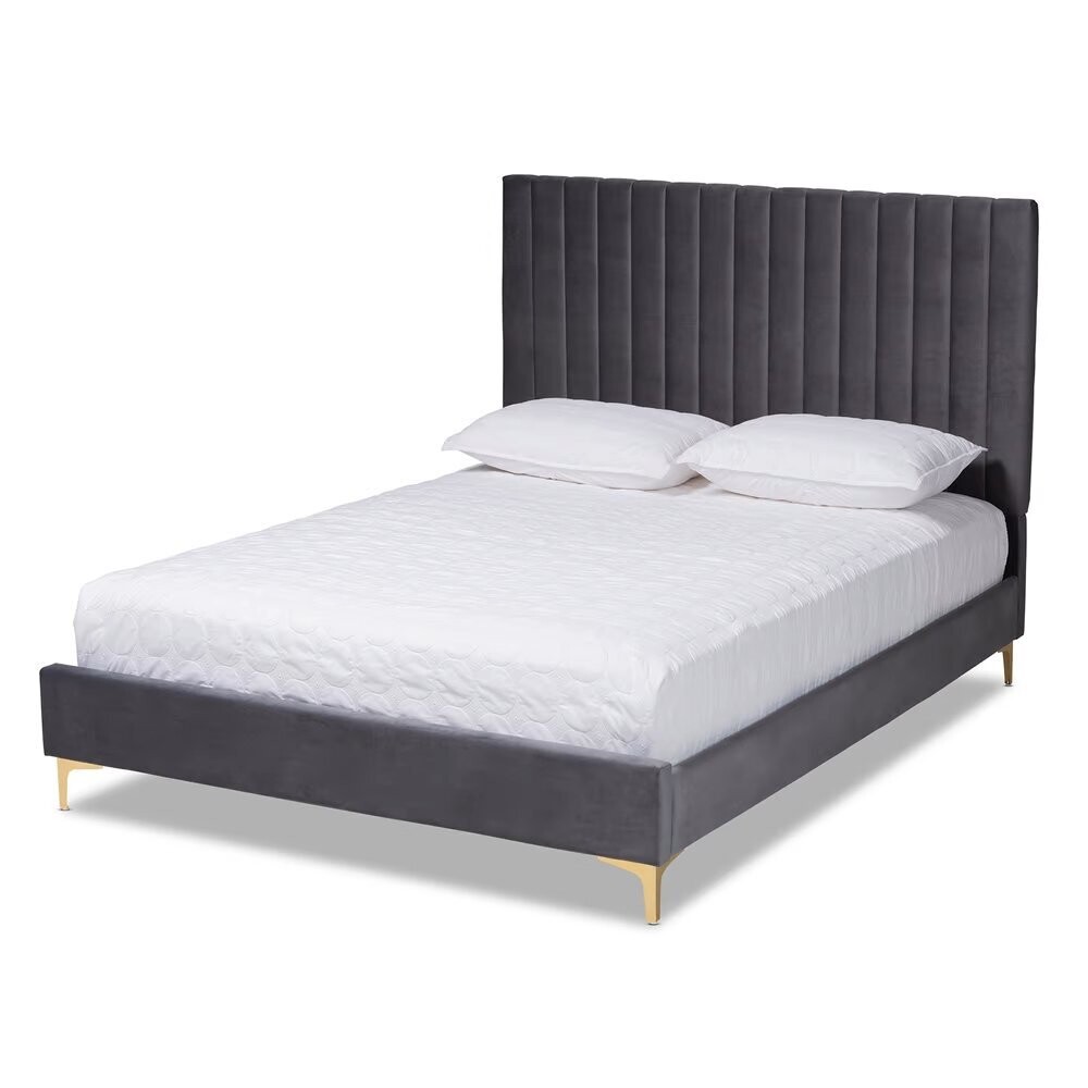 BAXTON STUDIO SERRANO CONTEMPORARY GLAM AND LUXE GREY VELVET FABRIC UPHOLSTERED AND GOLD METAL FULL SIZE PLATFORM BED