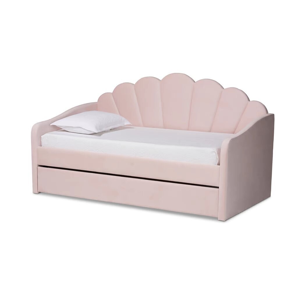 BAXTON STUDIO TIMILA MODERN AND CONTEMPORARY LIGHT PINK VELVET FABRIC UPHOLSTERED FULL SIZE DAYBED WITH TRUNDLE
