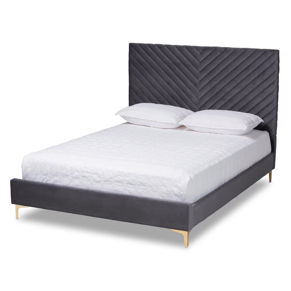 BAXTON STUDIO FABRICO CONTEMPORARY GLAM AND LUXE GREY VELVET FABRIC UPHOLSTERED AND GOLD METAL FULL SIZE PLATFORM BED