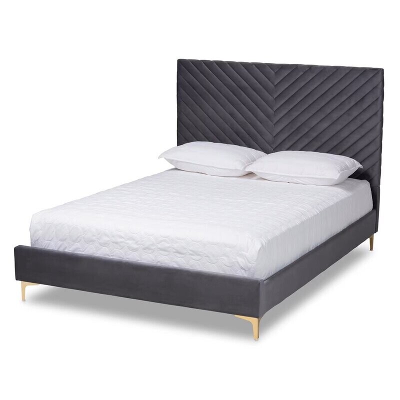 BAXTON STUDIO FABRICO CONTEMPORARY GLAM AND LUXE GREY VELVET FABRIC UPHOLSTERED AND GOLD METAL FULL SIZE PLATFORM BED