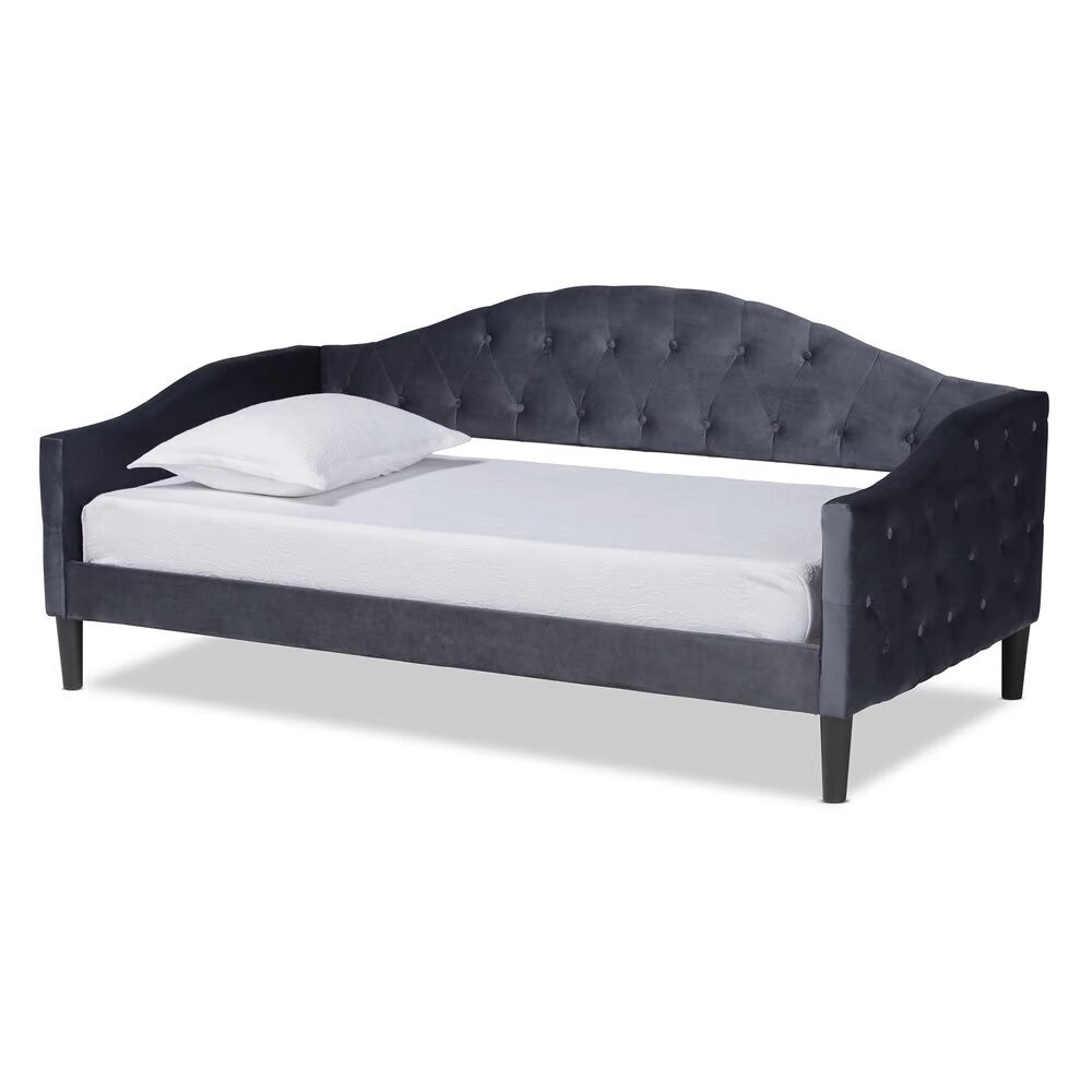 BAXTON STUDIO BENJAMIN MODERN AND CONTEMPORARY GREY VELVET FABRIC UPHOLSTERED AND DARK BROWN FINISHED WOOD FULL SIZE DAYBED