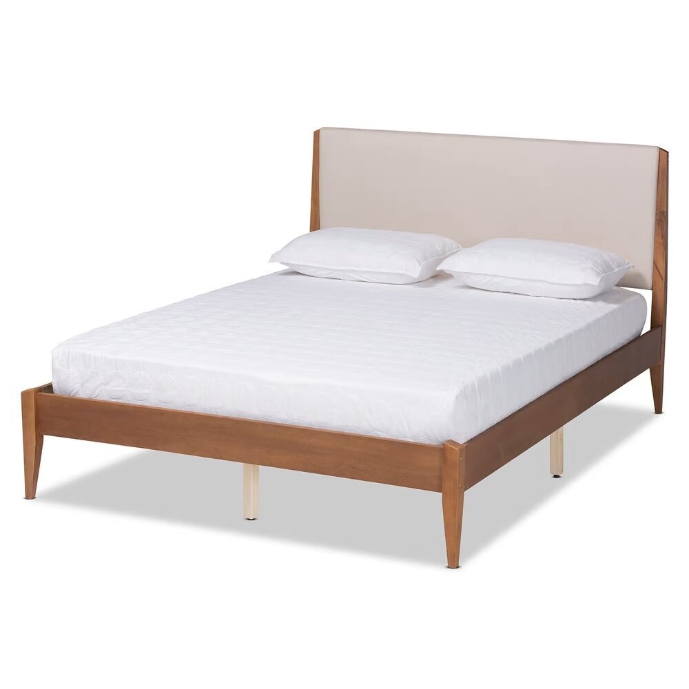 BAXTON STUDIO LENORA MID-CENTURY MODERN BEIGE FABRIC UPHOLSTERED AND WALNUT BROWN FINISHED WOOD FULL SIZE PLATFORM BED
